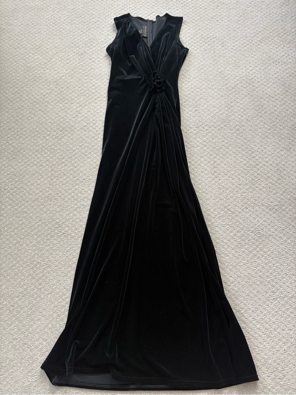Jessica McClintock Black Velvet Maxi Dress with Rosette Detail